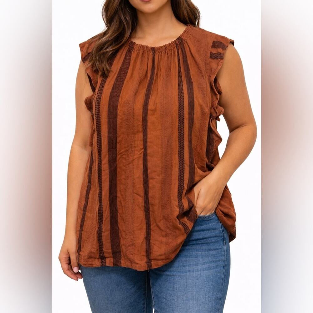 Cloth & Stone Flutter Sleeve Rust Brown & Black Striped Blouse Size XL